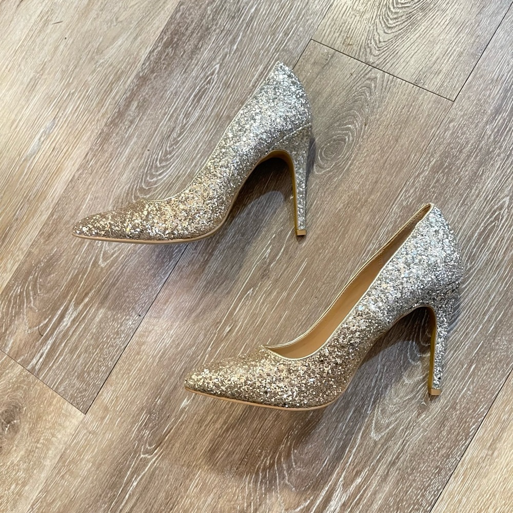 EXPRESS Silver and Gold Glitter Stiletto Pumps with Pointed Toe - Size 7